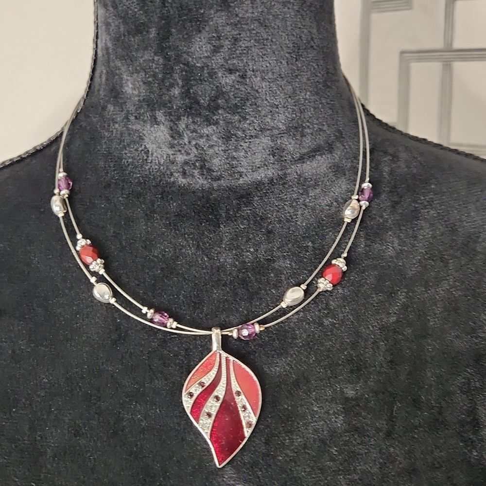 Red & Silver Leaf Pendant Necklace